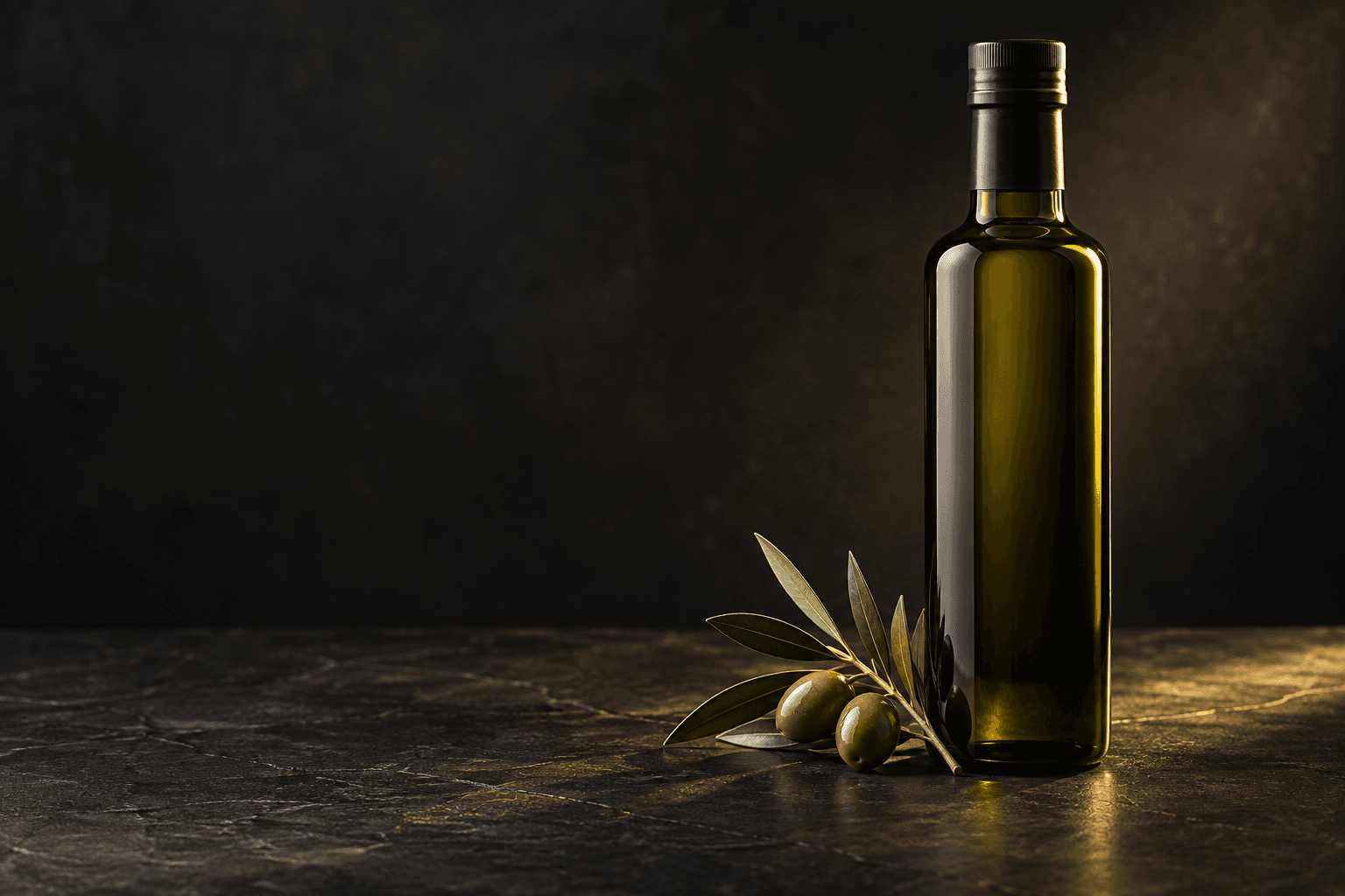 Bottle of olive oil with olives and leaves on a dark stone surface