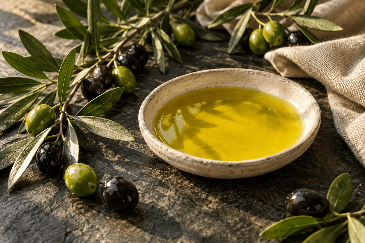 Fresh olives, olive branches, and golden olive oil in a ceramic dish